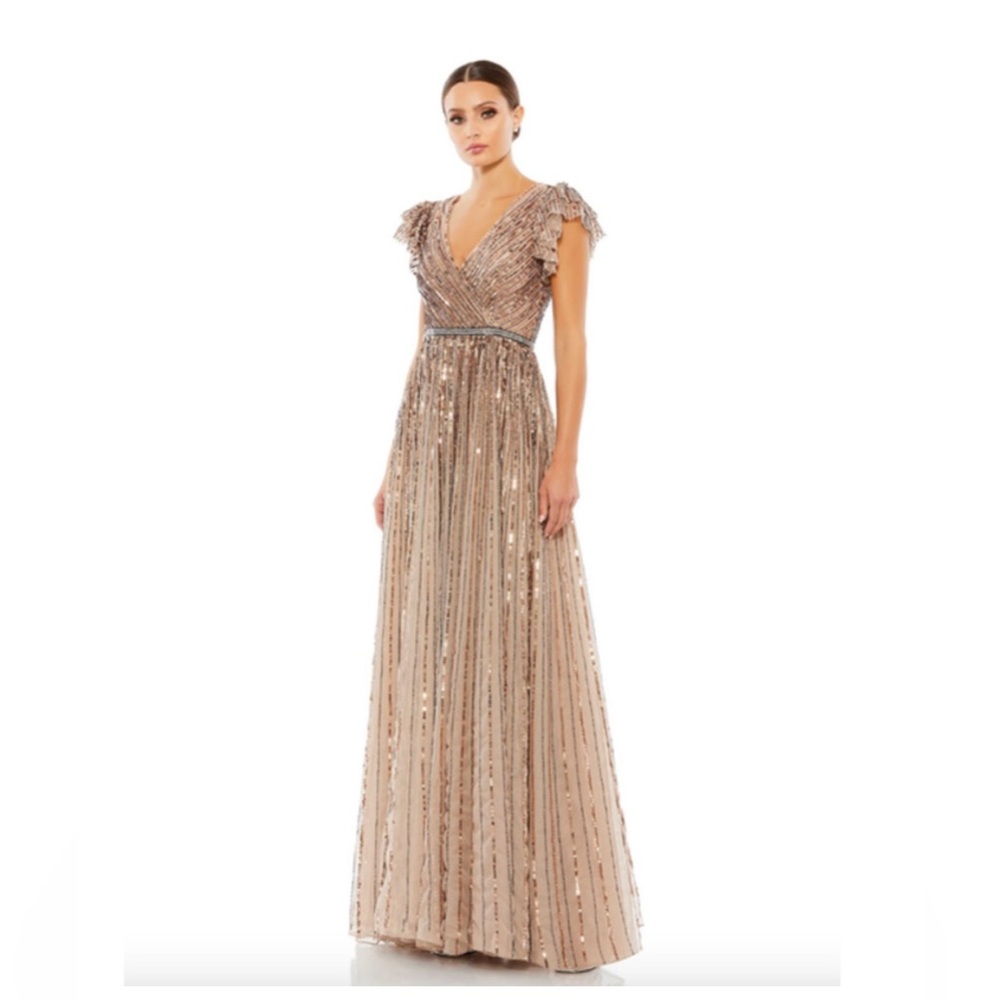 MAC DUGGAL Dress Size 18 Evening Gown Sequin Wrap NEW Brown Gold Ruffle Sleeve